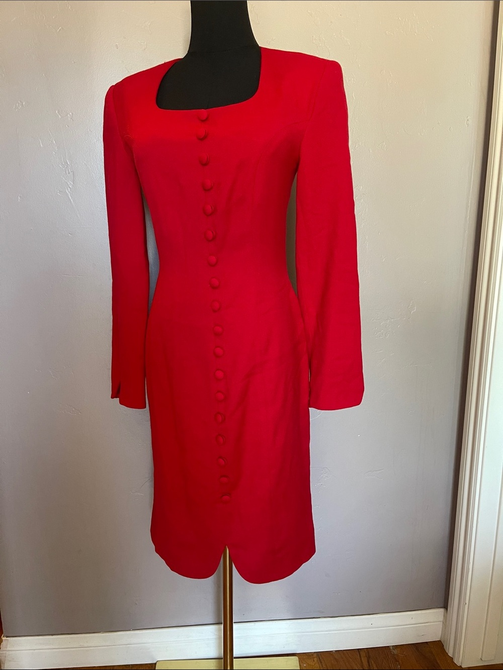 Vintage 90s Georgiou Studio Red 100% Wool Sheath Dress- portrait square neck 4